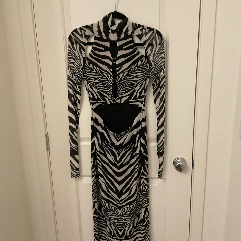 AFRM Cutout Black and White Patterned Long Sleeve Dress